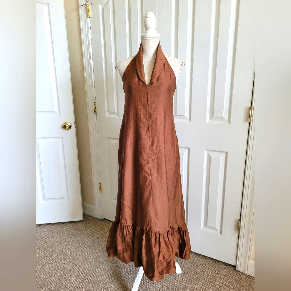 Anthropologie Nikita Mhaisalkar Elegant Brown Midi Halter Dress